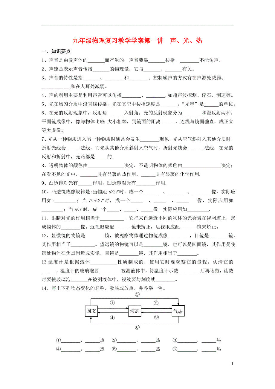 九年级物理 第一讲声、光、热复习教学学案无答案 人民版_第1页