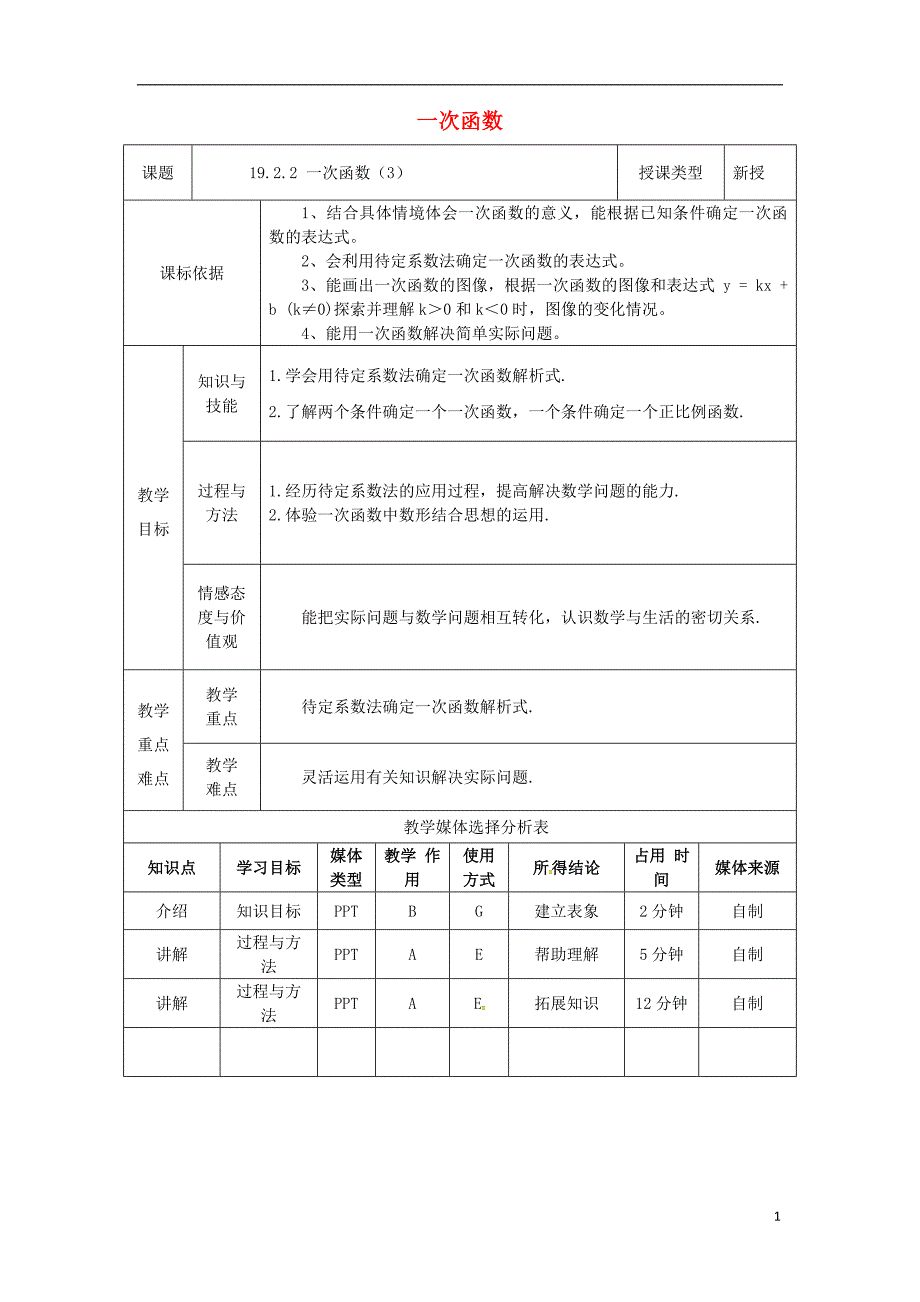 陕西省安康市石泉县池河镇八年级数学下册 第19章 一次函数 19.2.2 一次函数 一次函数解析式的确定教案 （新版）新人教版_第1页