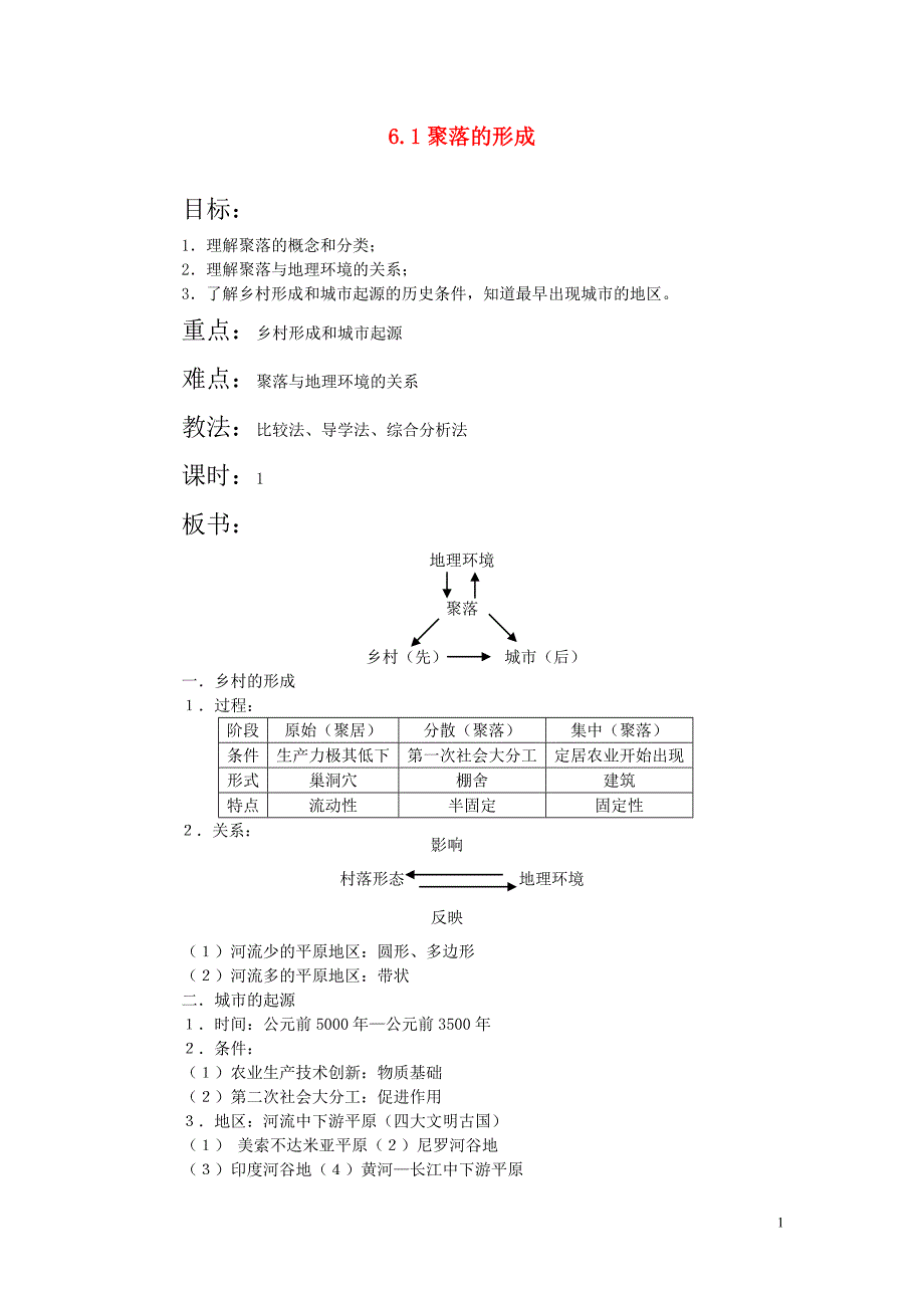 河南焦作高一地理 《6.1 聚落的形成》教案 人教大纲版必修下册_第1页