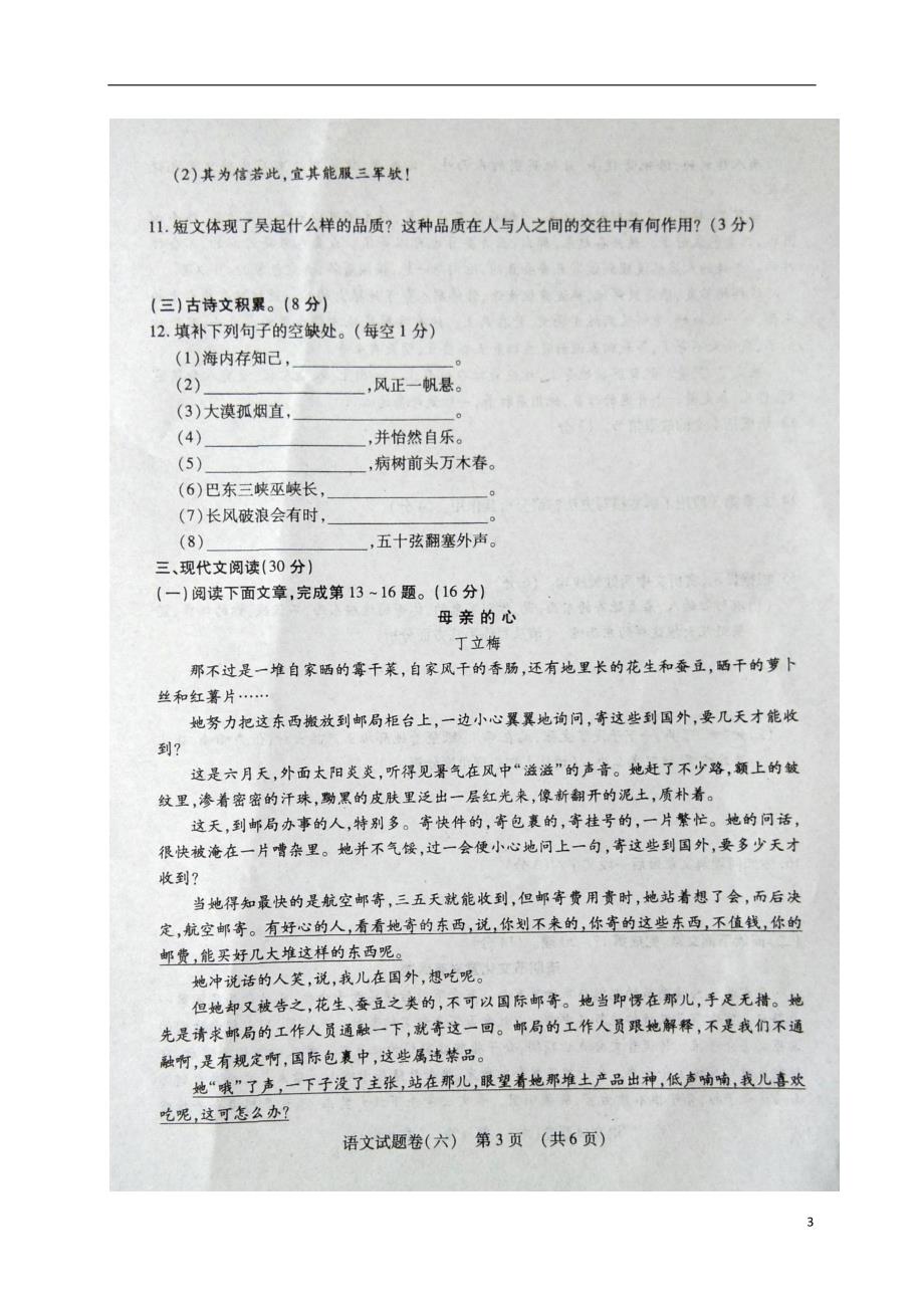 江西省2018年中考语文模拟试题（六）_第3页