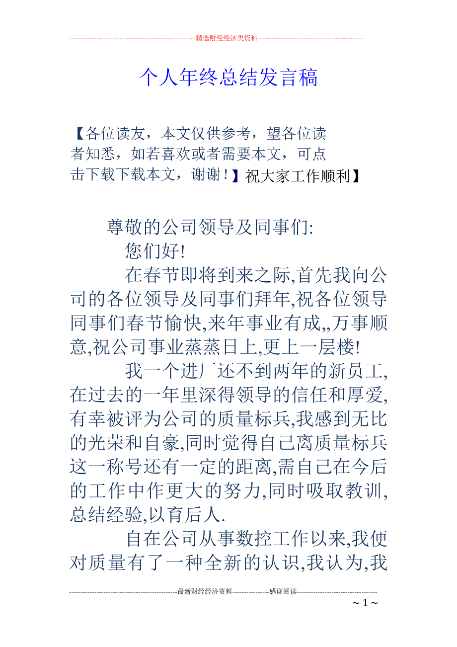 个人年终总结 发言稿_第1页