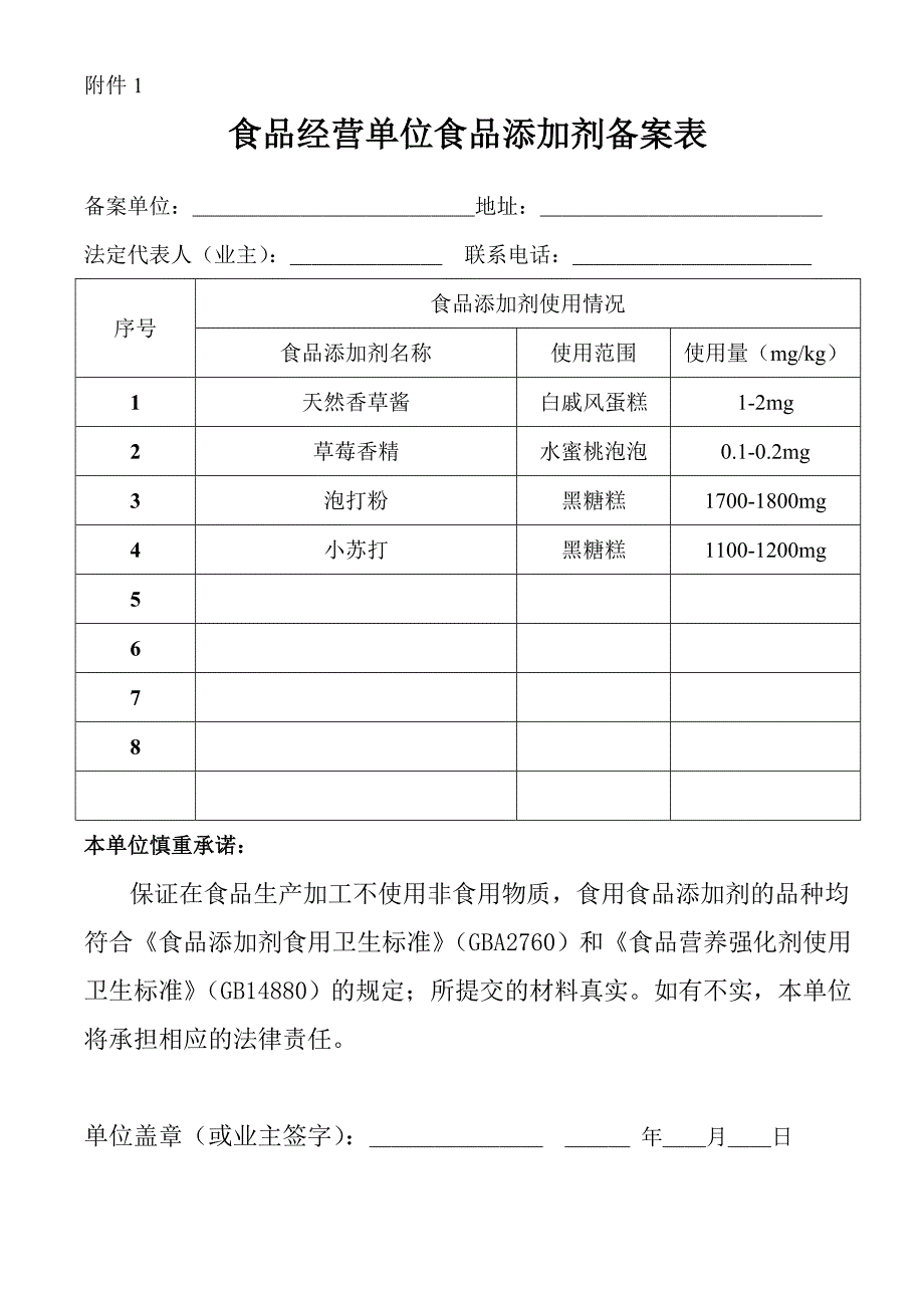 食品经营单位食品添加剂备案表_第1页