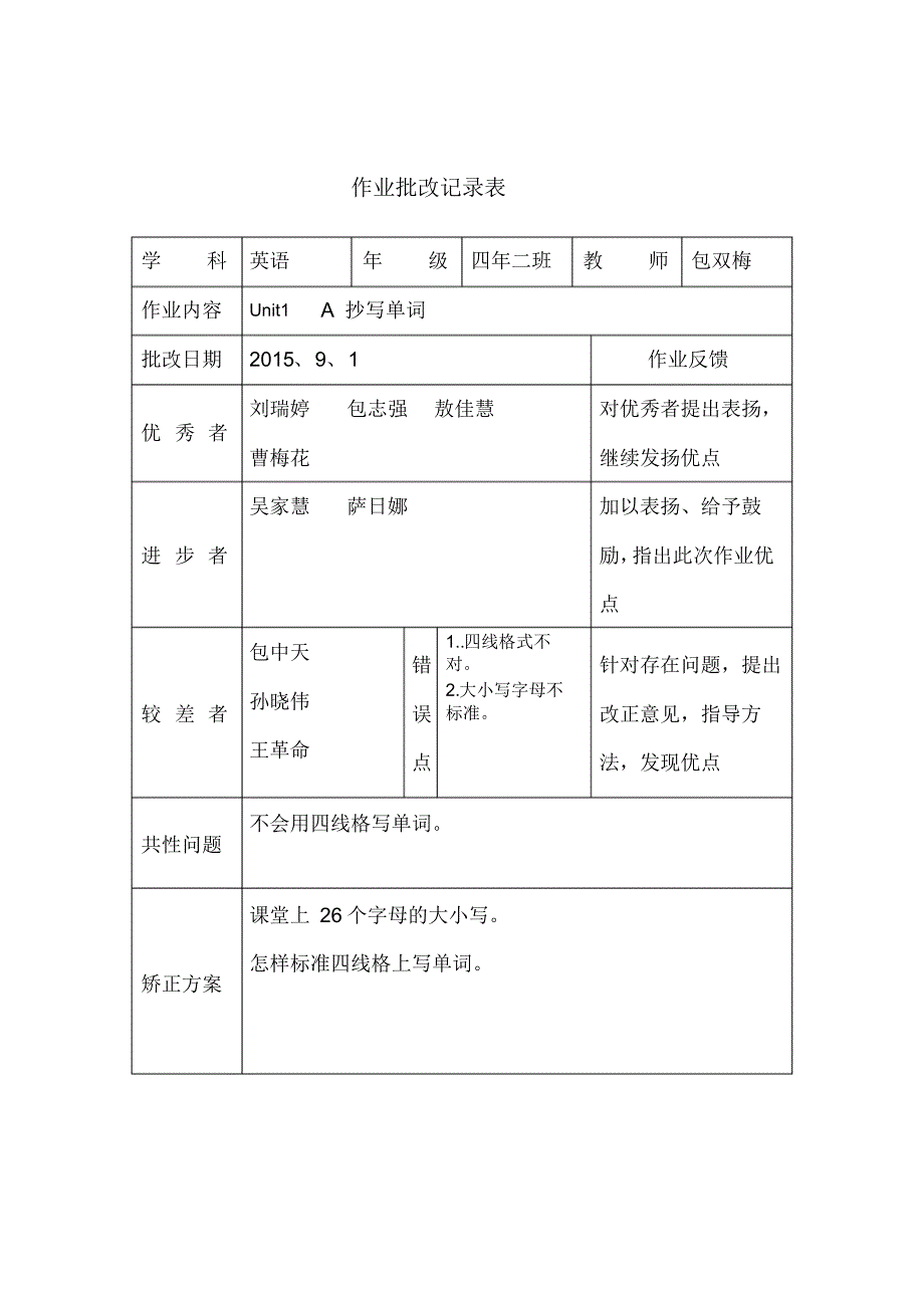 小学作业批改记录(上)_第1页