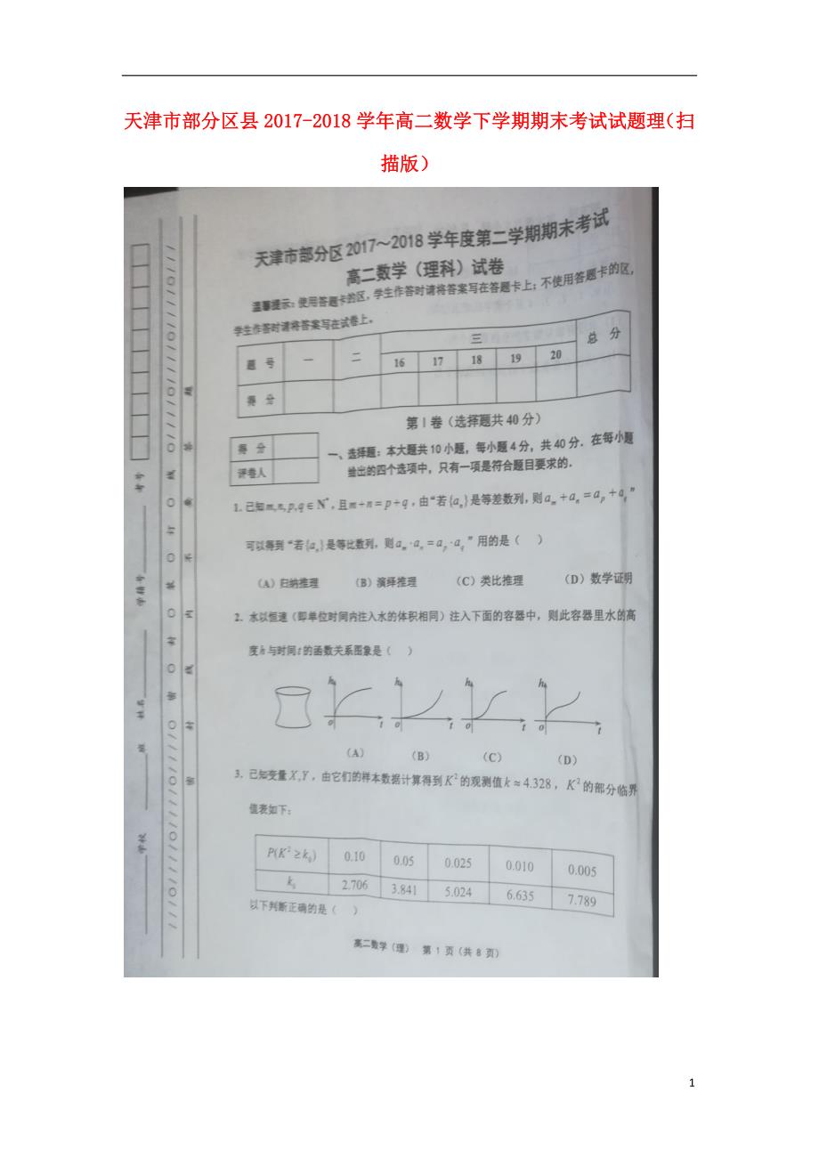 天津市部分区县2017-2018学年度高二数学下学期期末考试试题 理_第1页