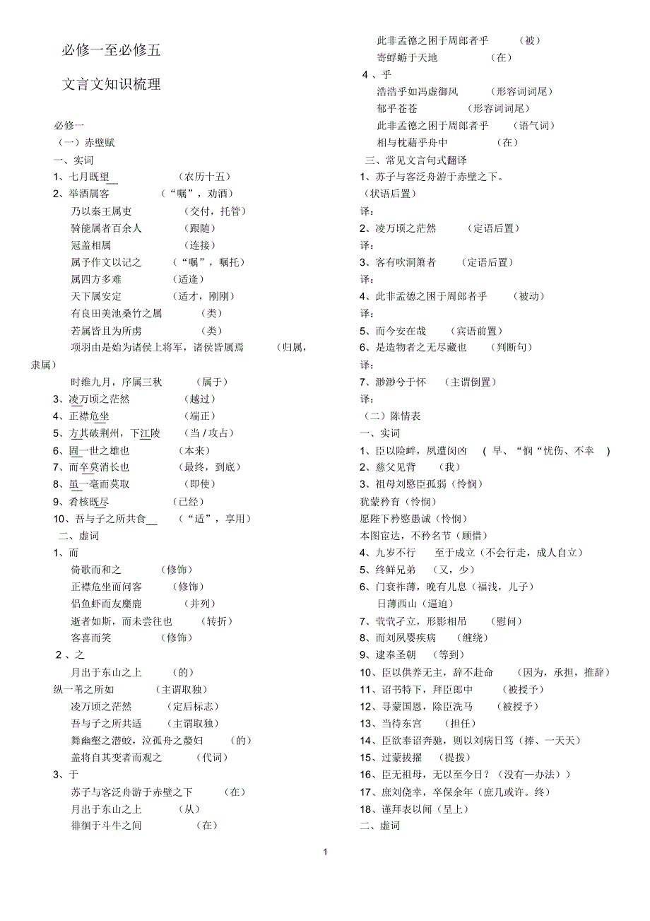 必修一至必修五文言文知识梳理_第1页