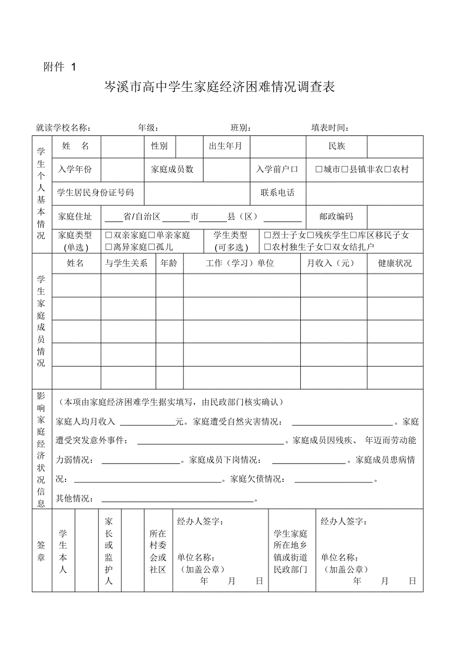 岑溪市高中学生家庭经济困难情况调查表_第1页