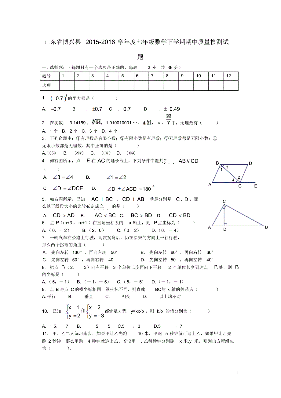 山东省博兴县2015-2016学年度七年级数学下学期期中质量检测试题(无答案)新人教版_第1页