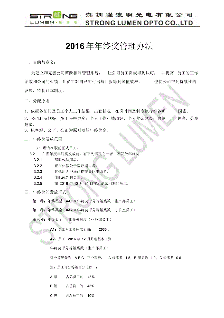 强流明光电有限公司2016年年终奖管理办法_第1页