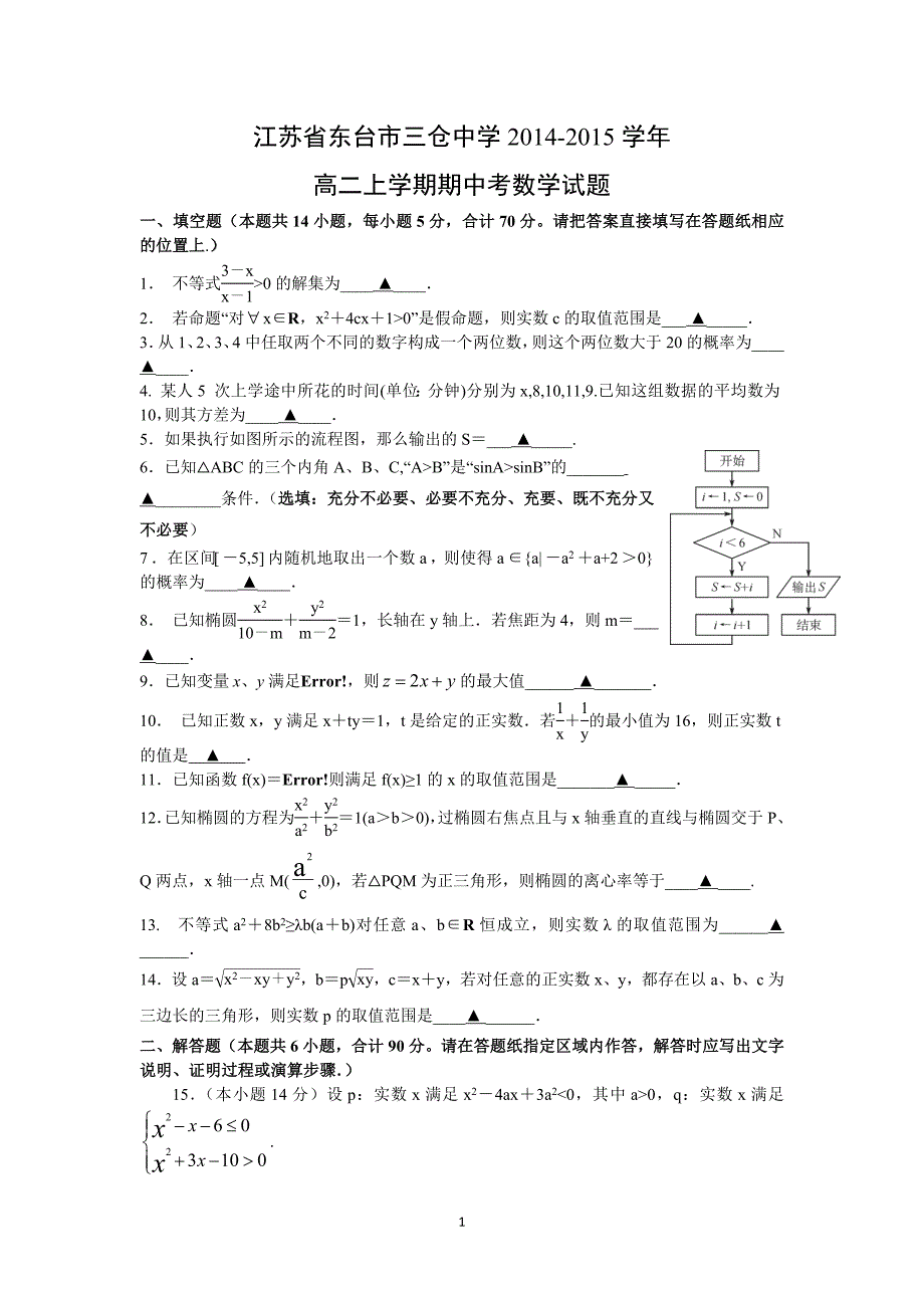 【数学】江苏省盐城市东台市三仓中学2014-2015学年高二上学期期中考试_第1页