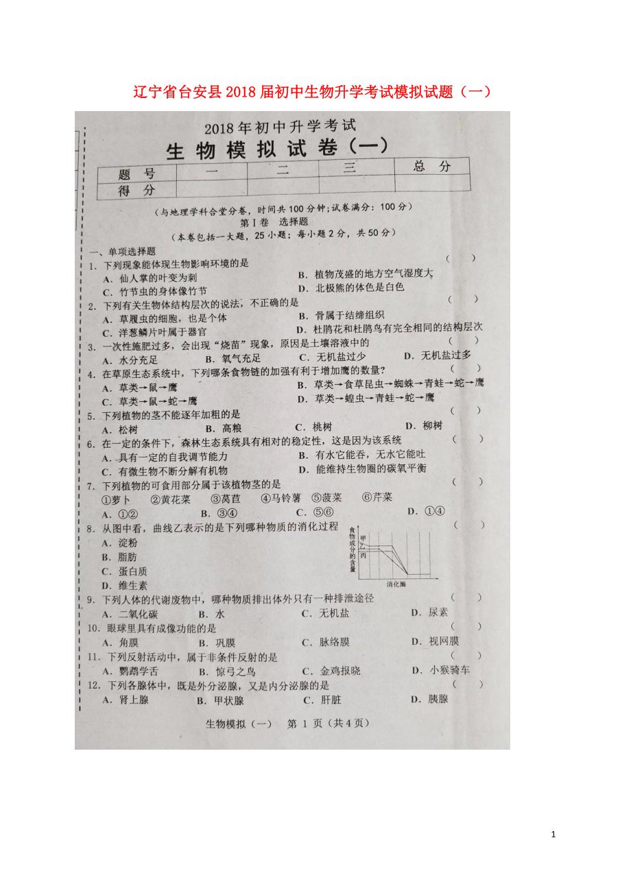 辽宁省台安县2018届初中生物升学考试模拟试题（一）_第1页