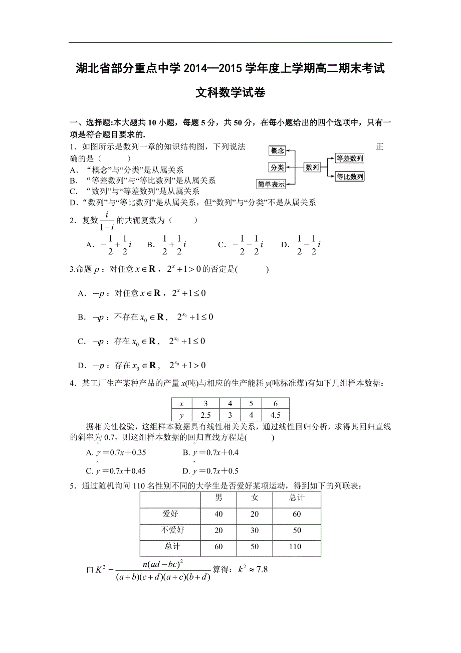 【数学】湖北省部分重点中学2014-2015学年高二上学期期末考试 （文）_第1页