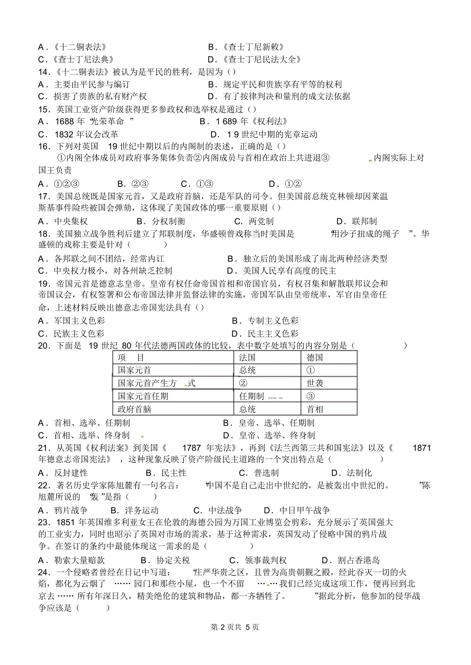 2015-2016学年度第一学期期中考试高一期中历史试题_第2页