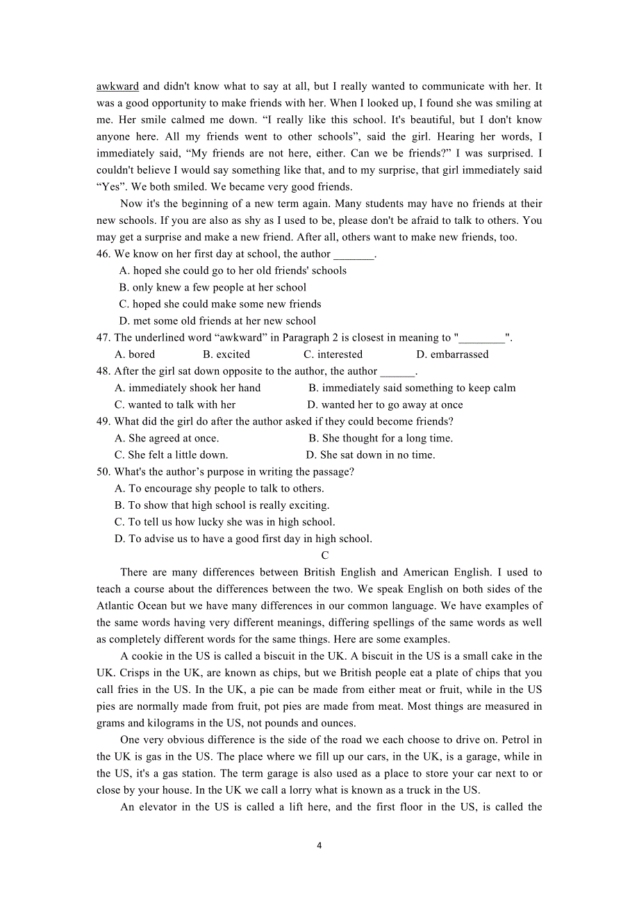 【英语】山东省2014-2015学年高一上学期期中考试_第4页