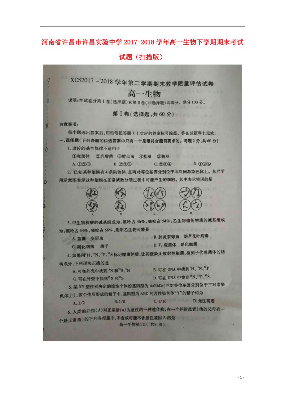 河南省许昌市许昌实验中学2017-2018学年高一生物下学期期末考试试题_第1页