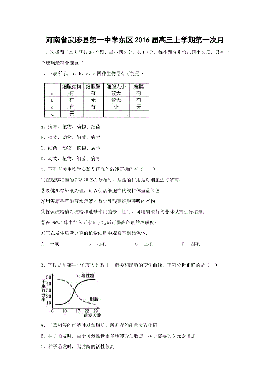 【生物】河南省武陟县第一中学东区2016届高三上学期第一次月考_第1页