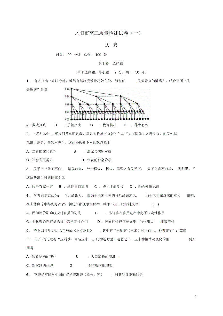 湖南省岳阳市2017届高三历史一模考试试题_第1页