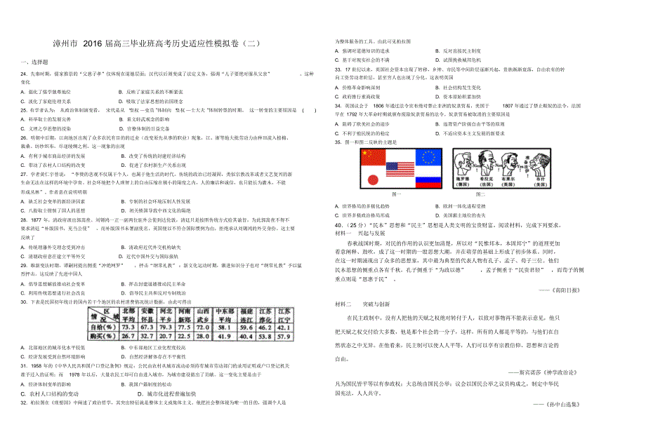 漳州市2016届高三毕业班高考历史适应性模拟卷_第1页