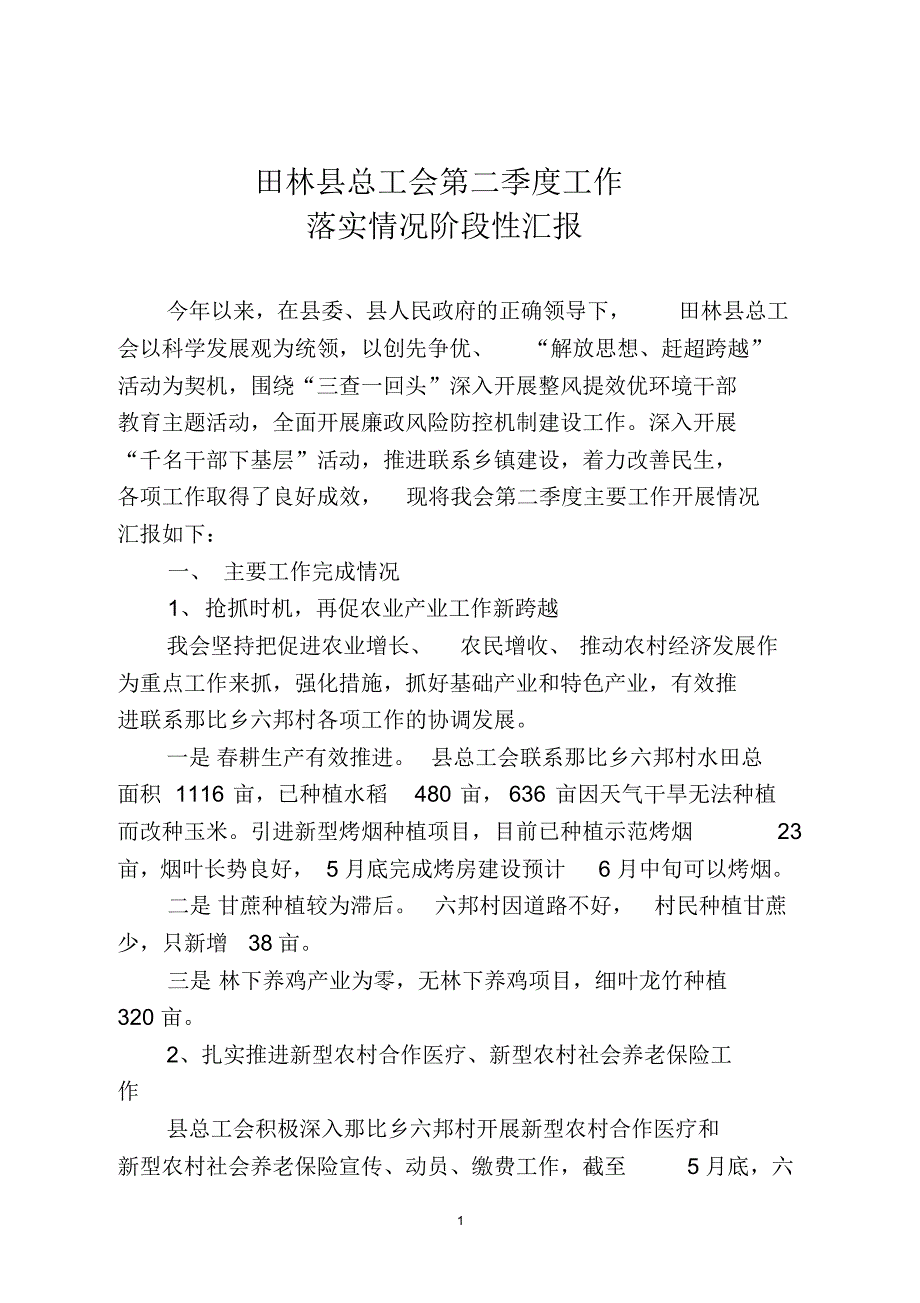 田林县总工会第二季度工作落实情况阶段性汇报_第1页