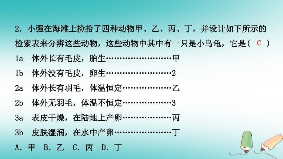 2018秋七年级科学上册 第2章 观察生物 第4节 常见的动物 2.4.3 利用检索法来辨认生物练习课件 （新版）浙教版_第5页