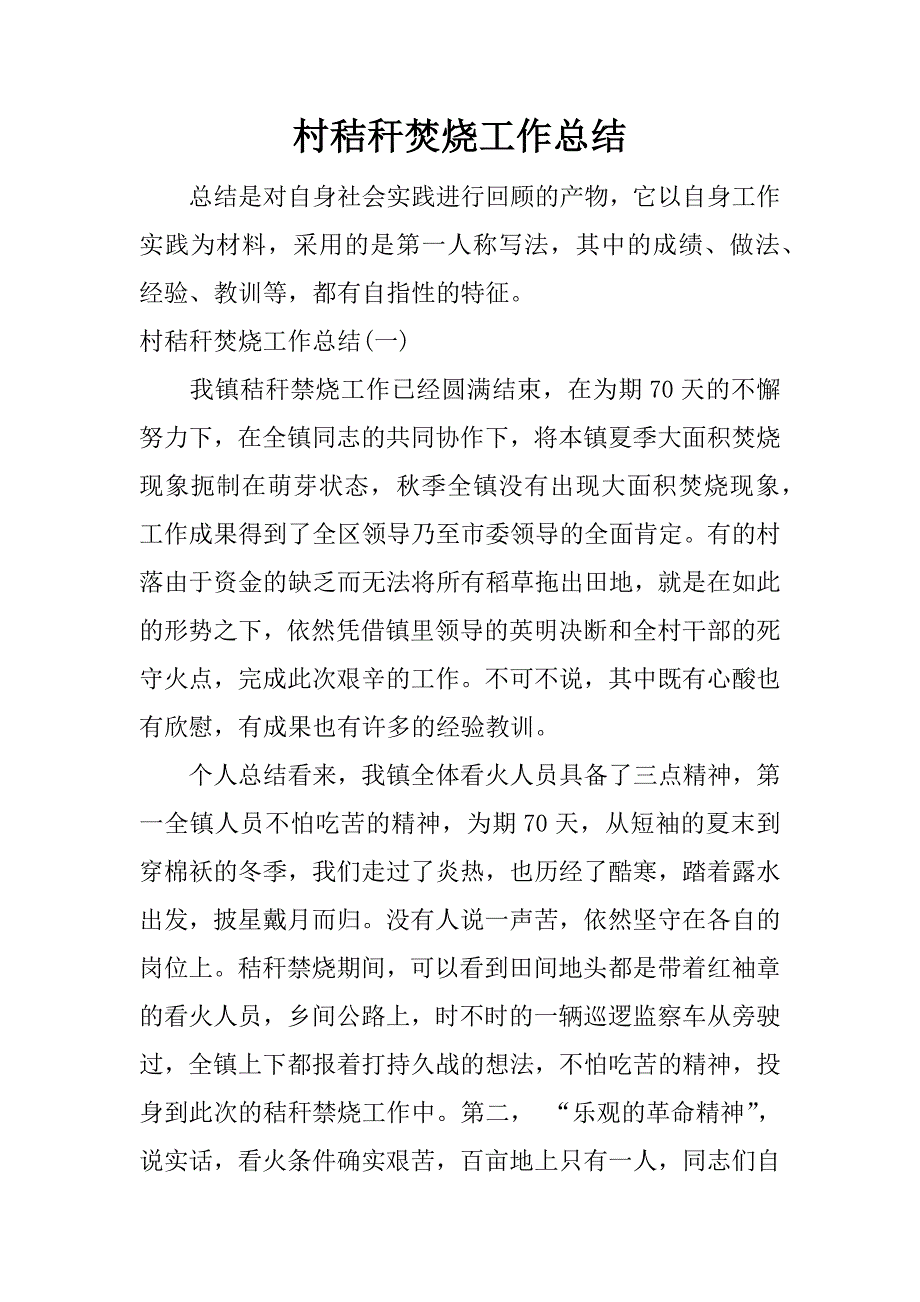 村秸秆焚烧工作总结.docx_第1页