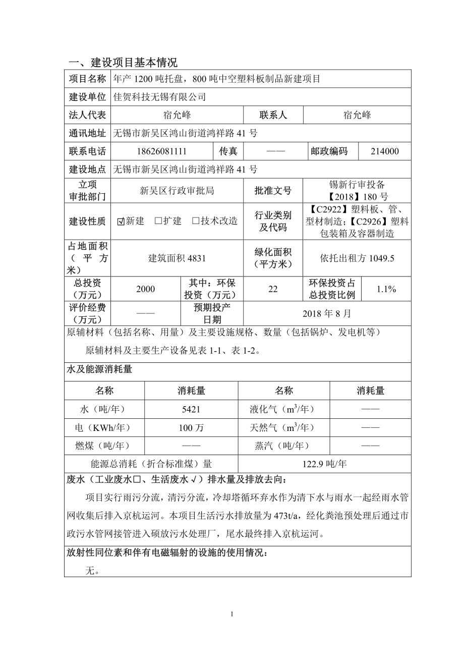 佳贺科技无锡有限公司年产1200吨托盘，800吨中空塑料板制品新建项目环境影响报告表_第2页