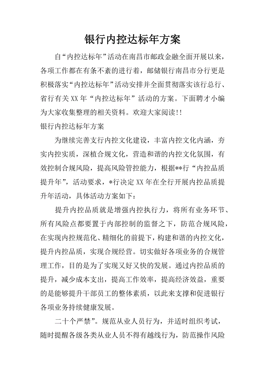 银行内控达标年方案.docx_第1页