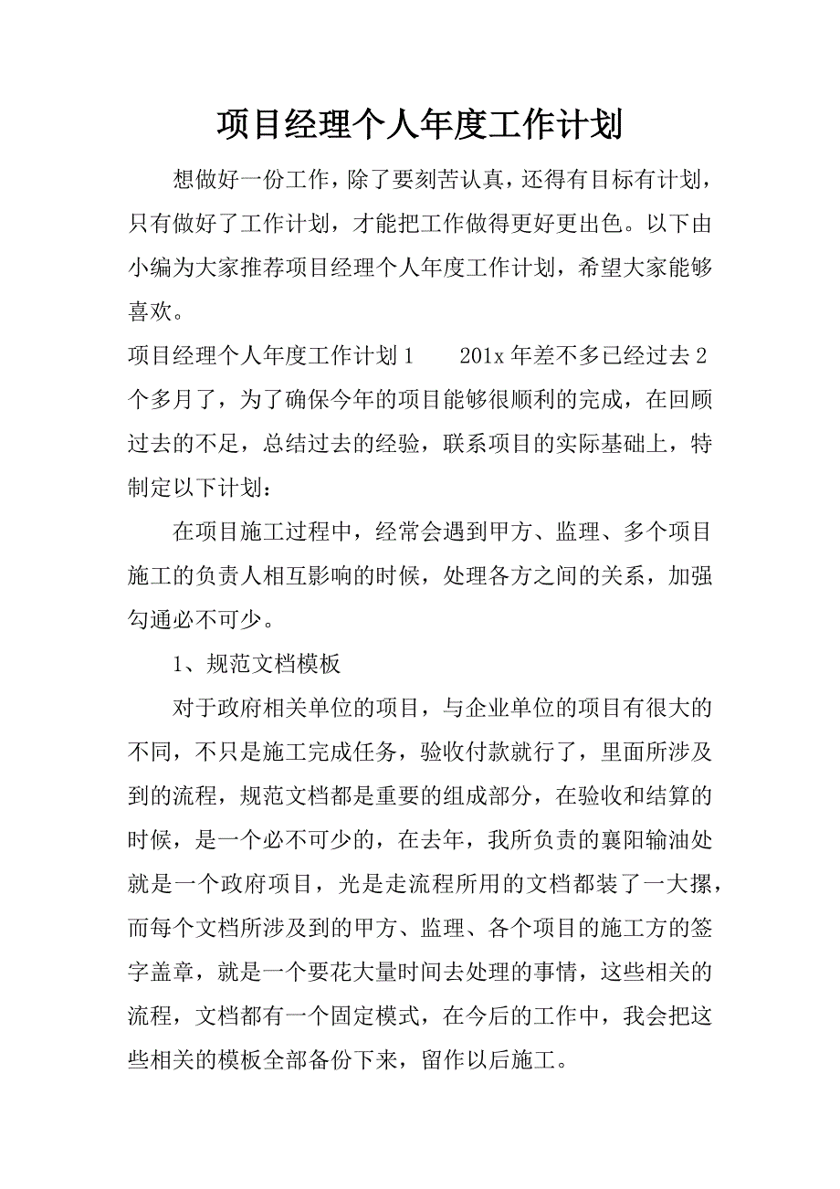 项目经理个人年度工作计划.docx_第1页