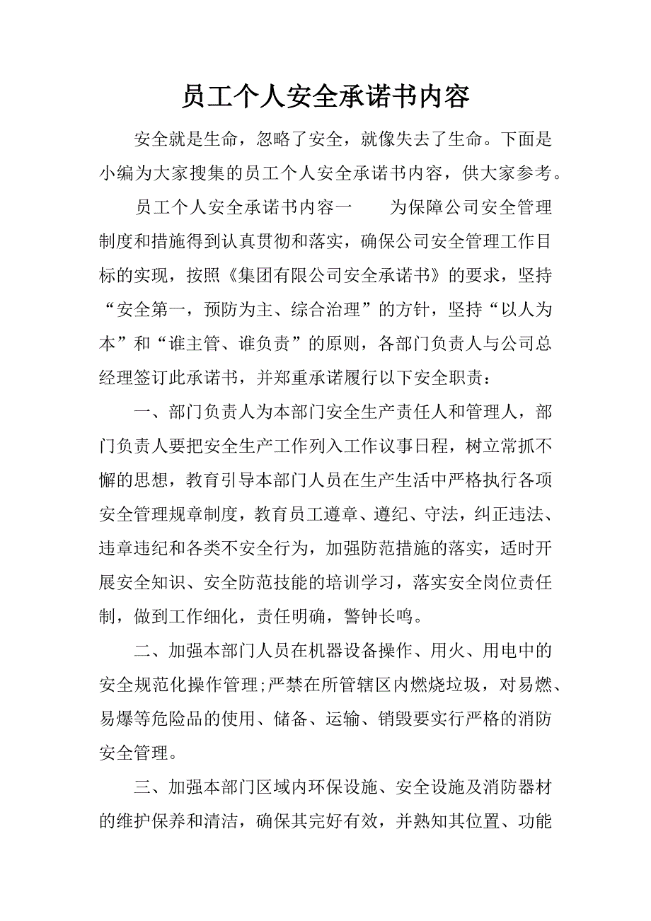 员工个人安全承诺书内容_第1页