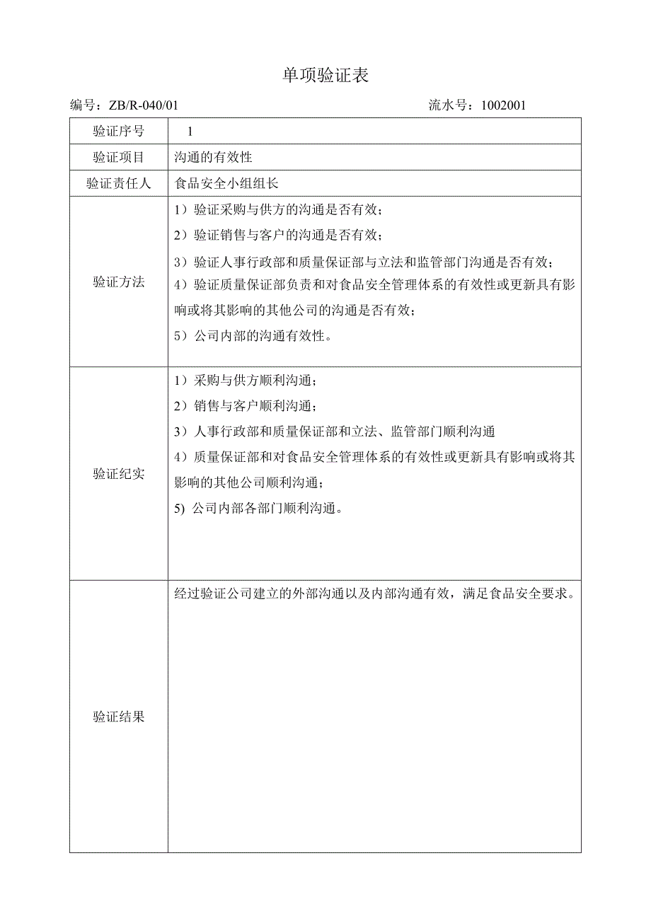 食品安全单项检查验证表_第1页