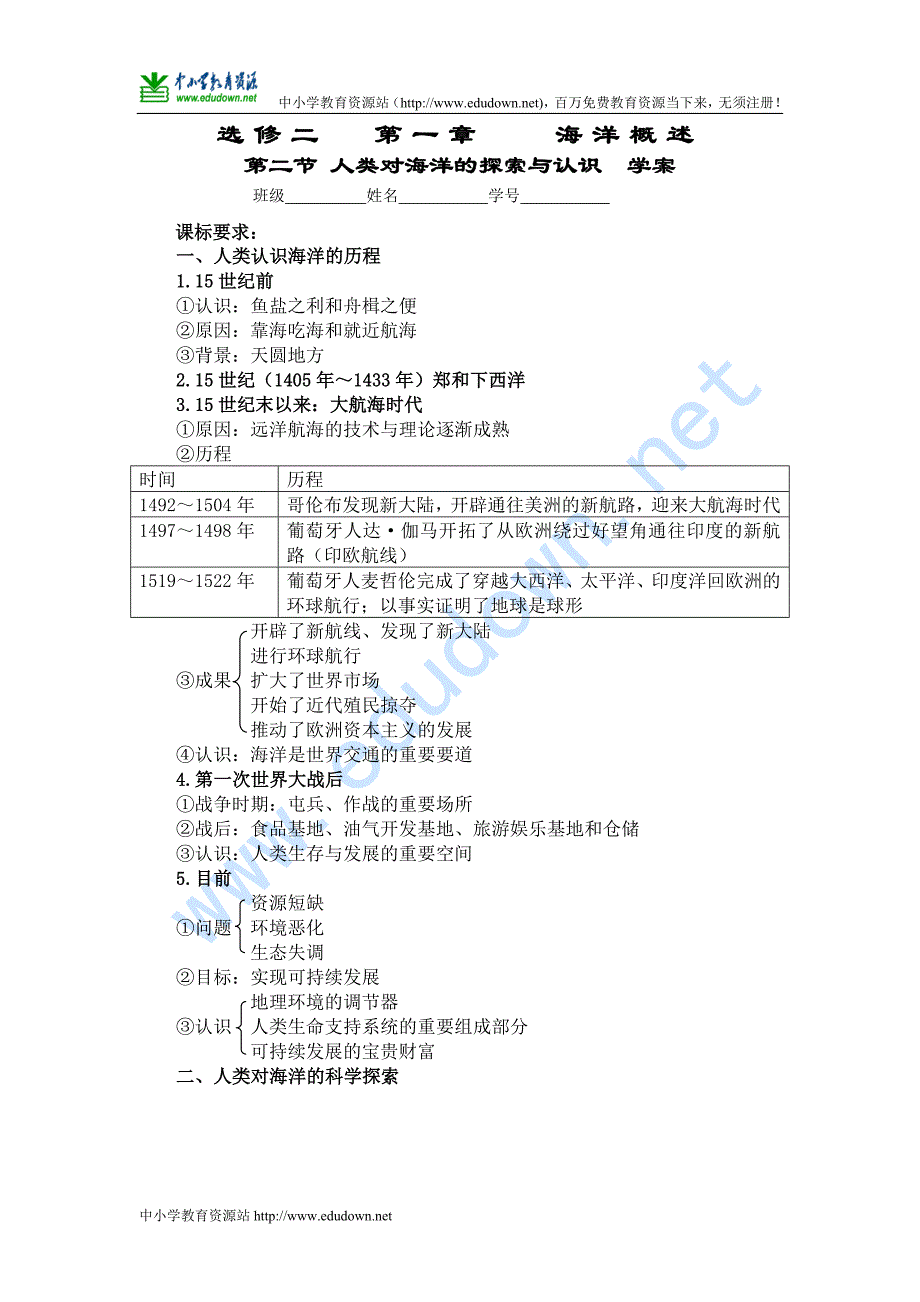 中图版选修2《人类对海洋的探索与认识》学案_第1页