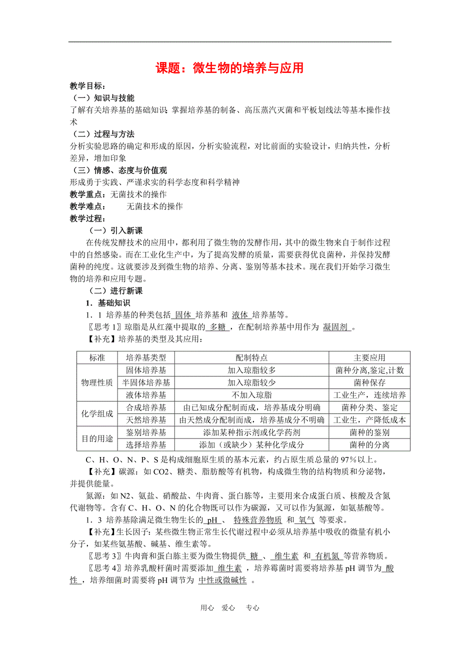 高中生物 微生物的培养与应用备课教案 新人教版选修1_第1页