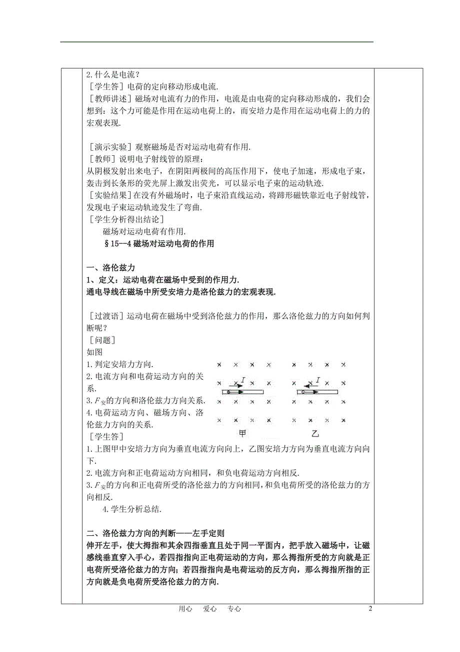 高中物理《磁场对运动电荷的作用》教案1 新人教版选修3-1_第2页