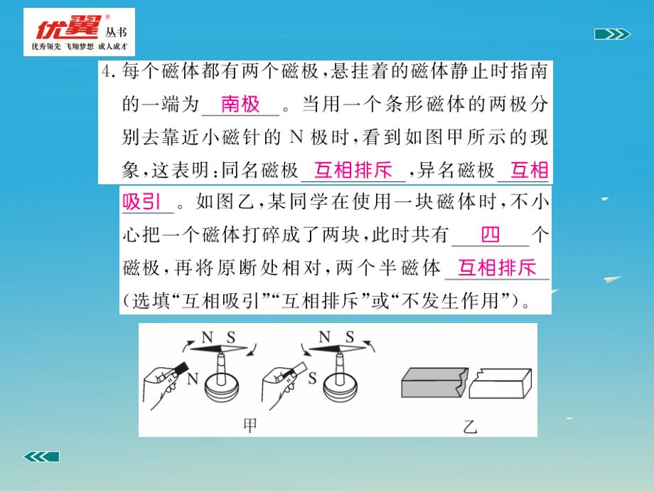 九年级物理下册 16_1 从永磁体谈起 第1课时 认识磁现象习题课件 （新版）粤教沪版_第4页