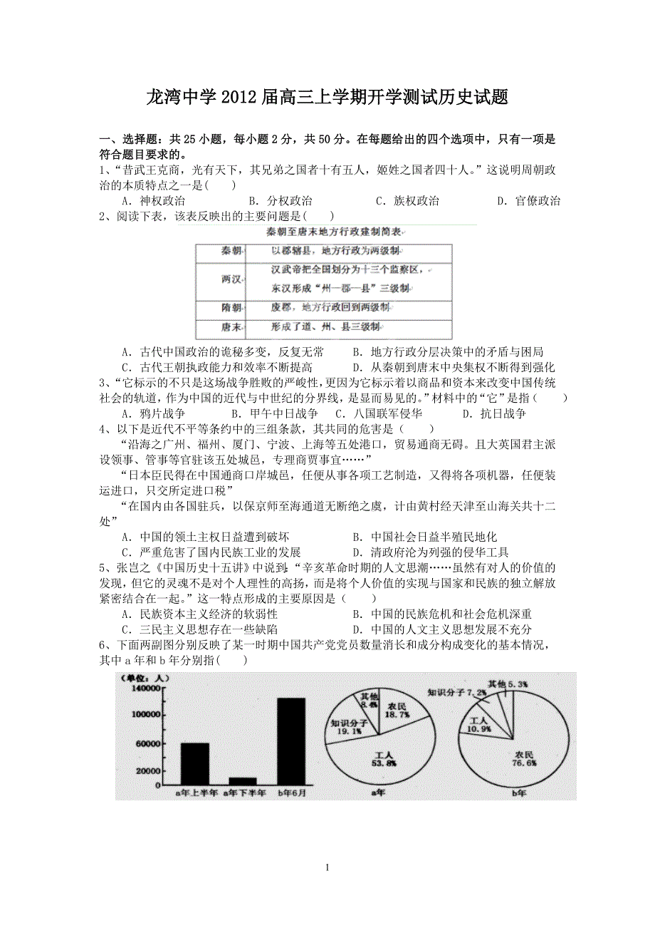 【历史】浙江省龙湾中学2012届高三上学期开学测试试题_第1页