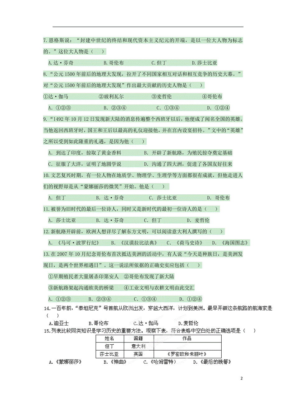 九年级历史上册 第8课 文艺复兴和新航路开辟练习 岳麓版1_第2页