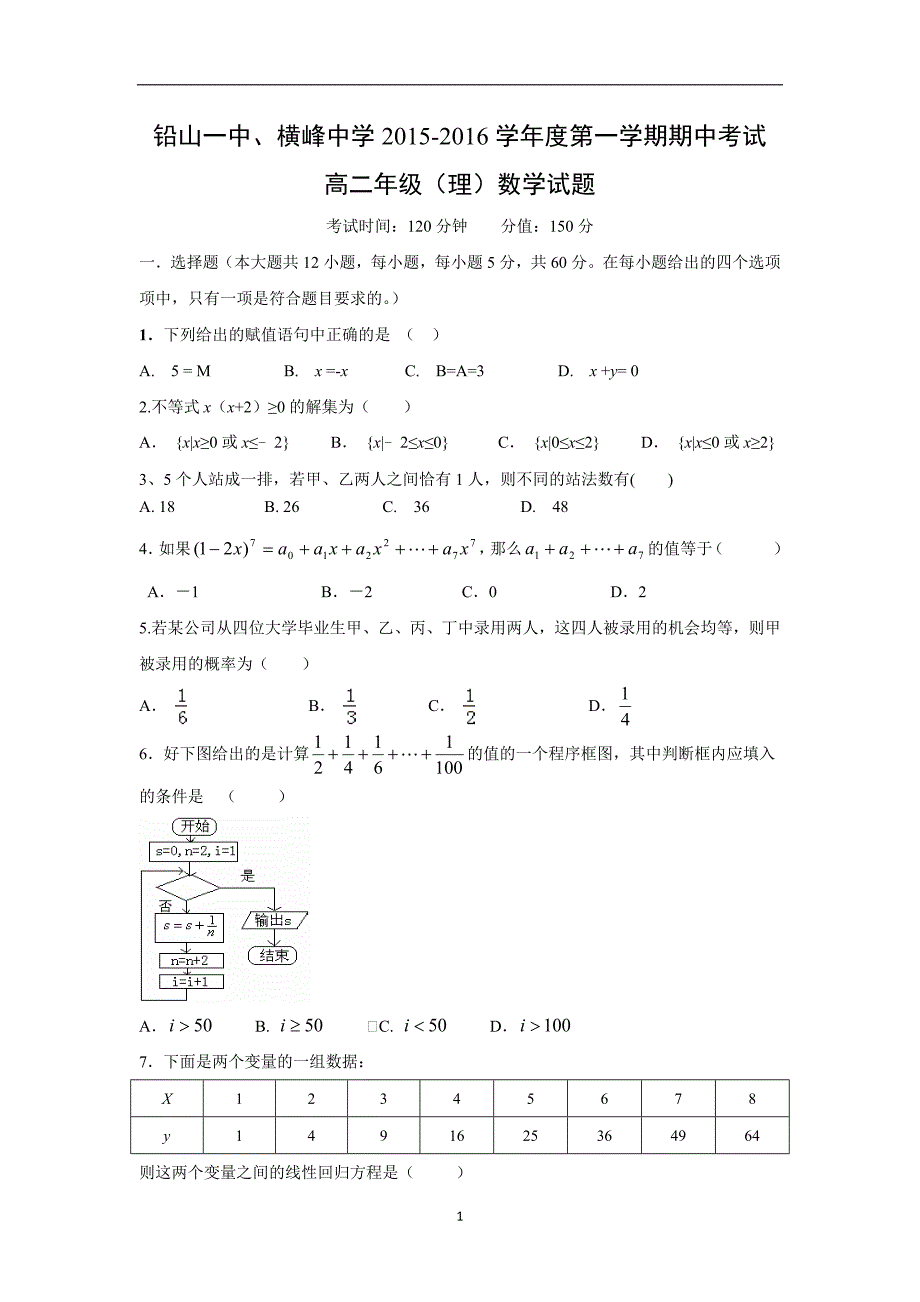 【数学】江西省上饶市铅山一中、横峰中学2015-2016学年高二上学期期中考试（理）_第1页