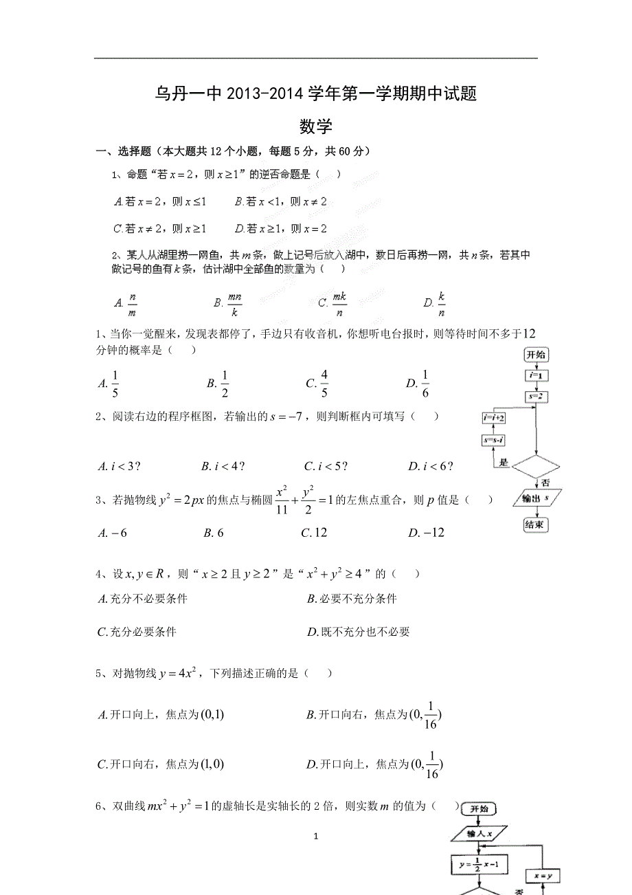 【数学】内蒙古赤峰市翁牛特旗2013-2014学年高二上学期期中考试_第1页