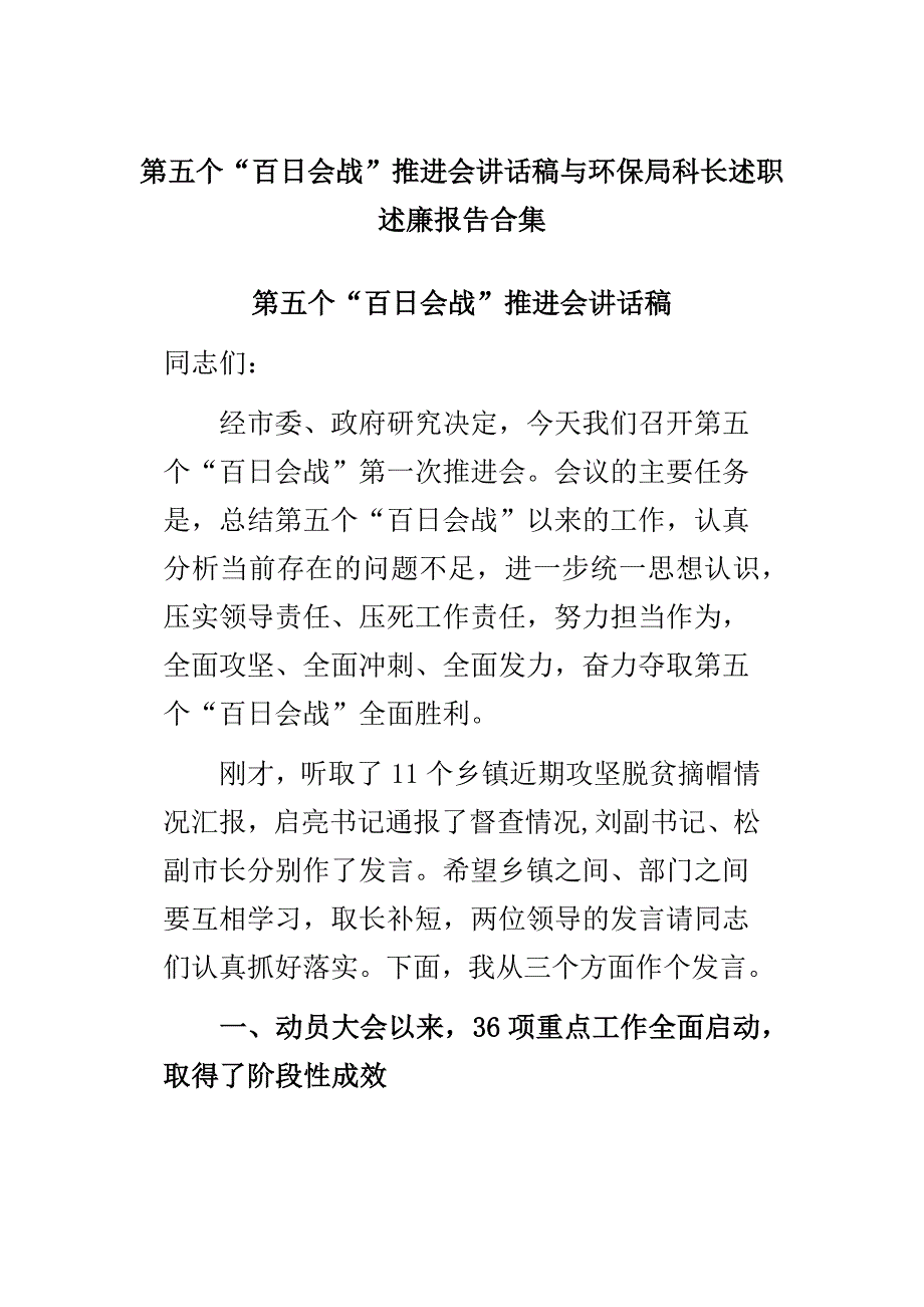 第五个“百日会战”推进会讲话稿与环保局科长述职述廉报告合集_第1页