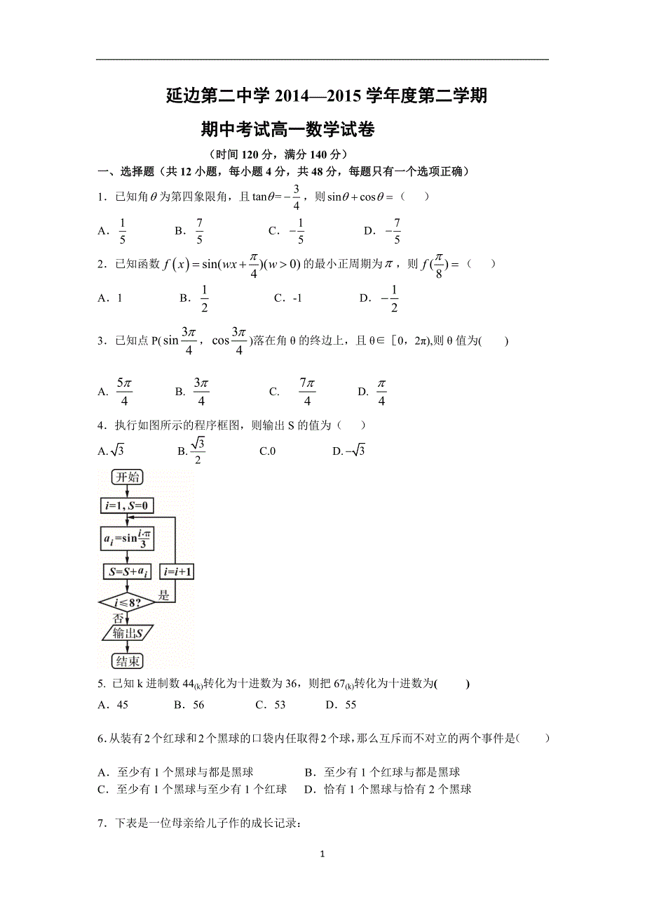 【数学】吉林省2014-2015学年高一下学期期中考试_第1页