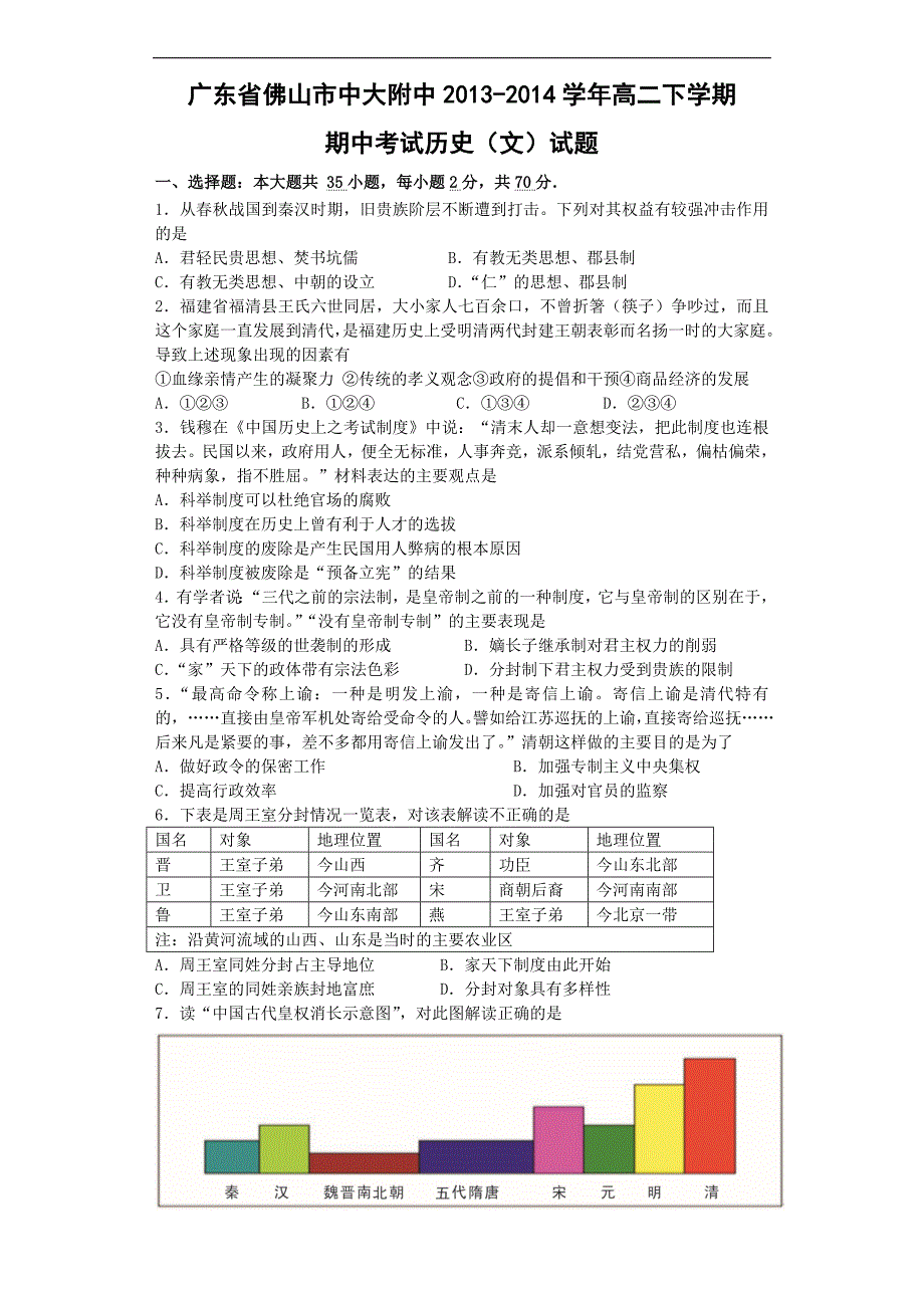 【历史】广东省佛山市中大附中2013-2014学年高二下学期期中考试（文）_第1页