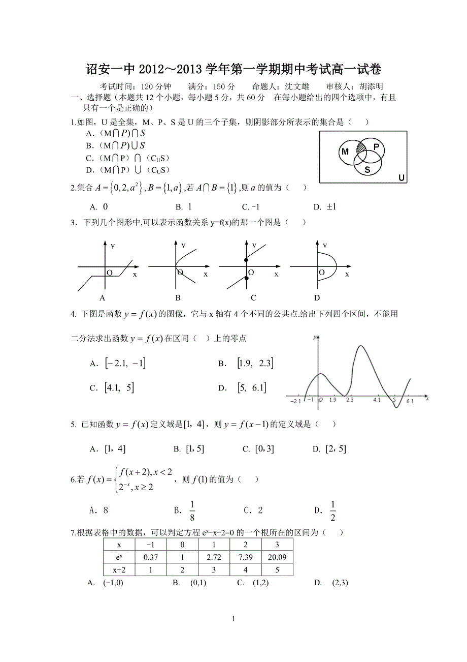 【数学】福建省2012-2013学年高一上学期期中考试_第1页