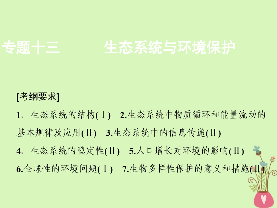 2018年高考生物二轮复习 第一部分 专题十三 生态系统与环境保护课件 新人教版_第1页