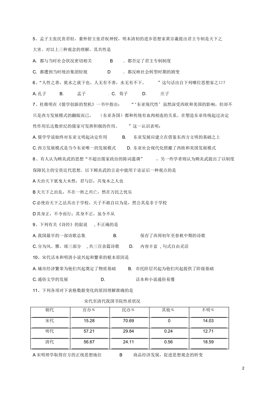 莆田六中2015-2016学年高二上学期期末考试卷高二历史(必修三)_第2页