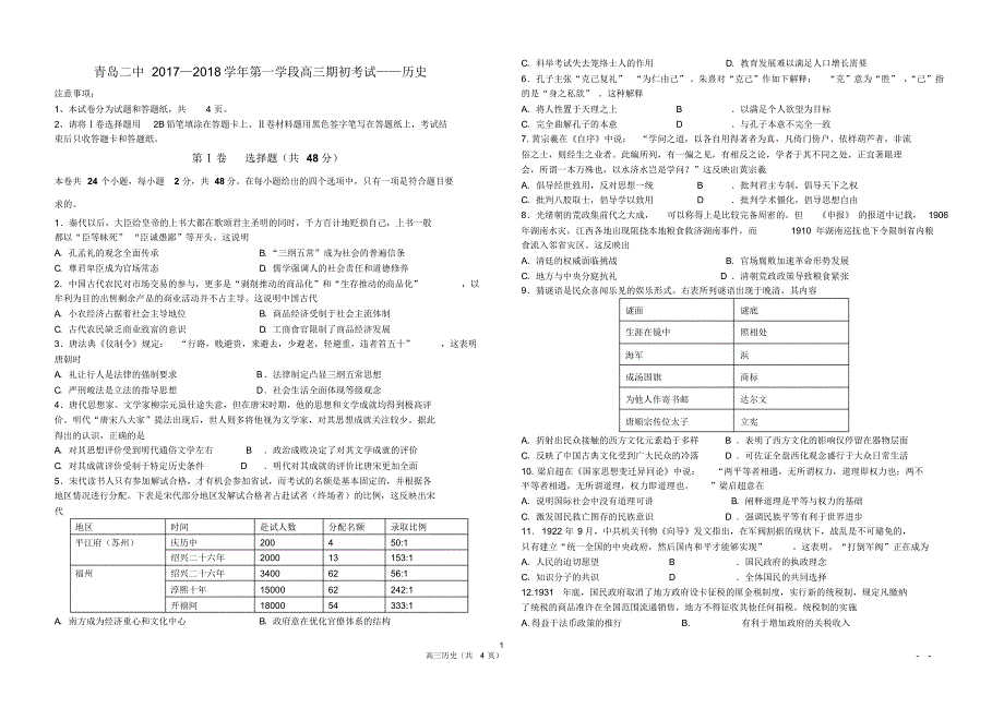 青岛二中2017—2018学年第一学段高三期初考试——历史_第1页