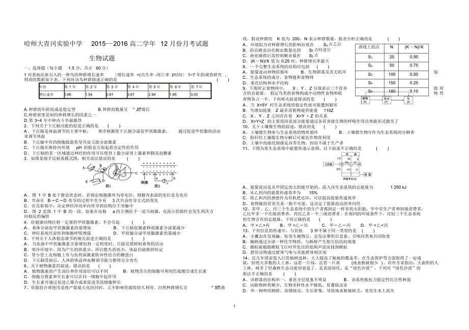 高二生物必修三阶段考试题_第1页