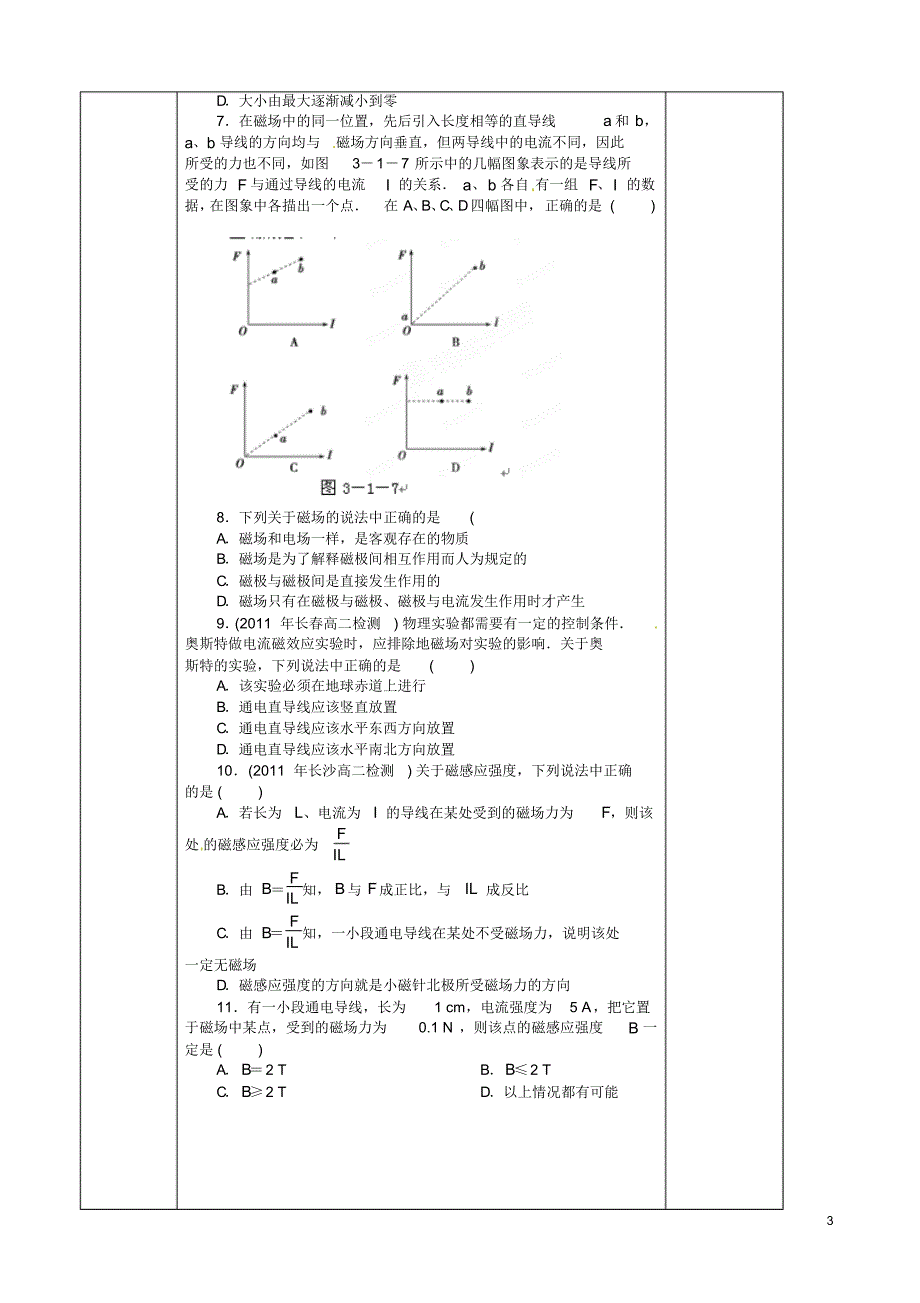 黑龙江省东方红林业局高级中学高中物理.磁感应强度导学案(无答案)新人教版选修-精_第3页