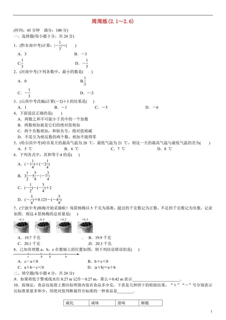 七年级数学上册 2.1-2.6周周练 北师大版_第1页