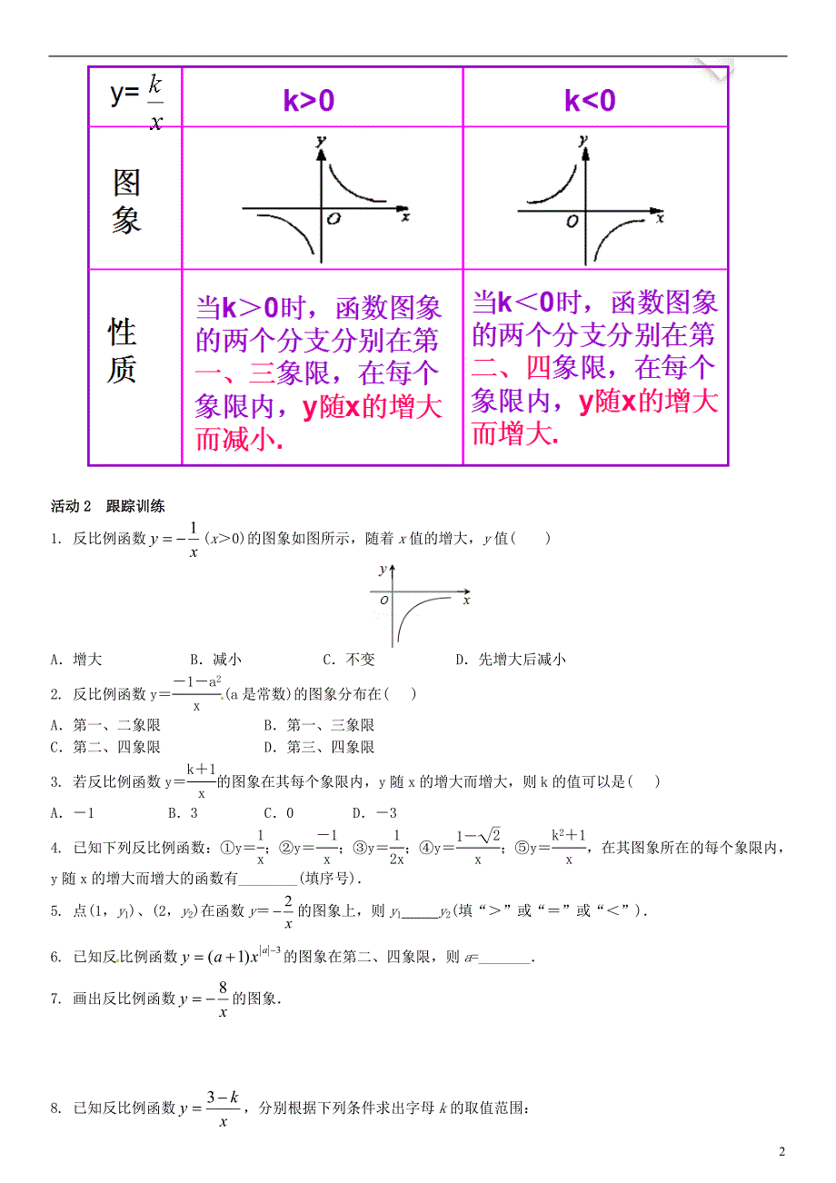 九年级数学上册 1.2 反比例函数的图象与性质 第2课时 反比例函数y＝k∕x（k＜0）的图象与性质导学案 湘教版_第2页