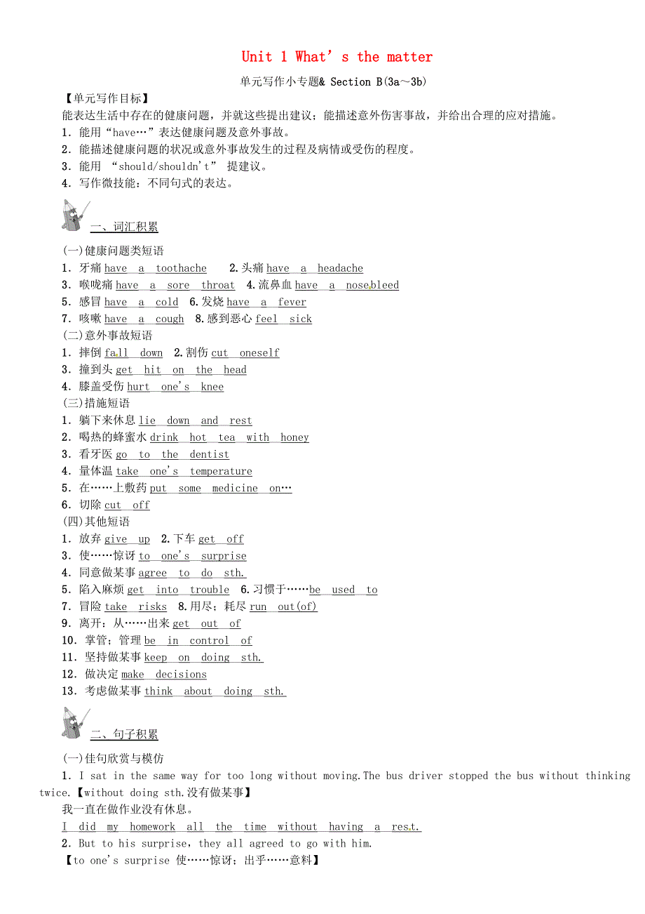 八年级英语下册 Unit 1 What’s the matter写作小专题练习人教新目标版_第1页