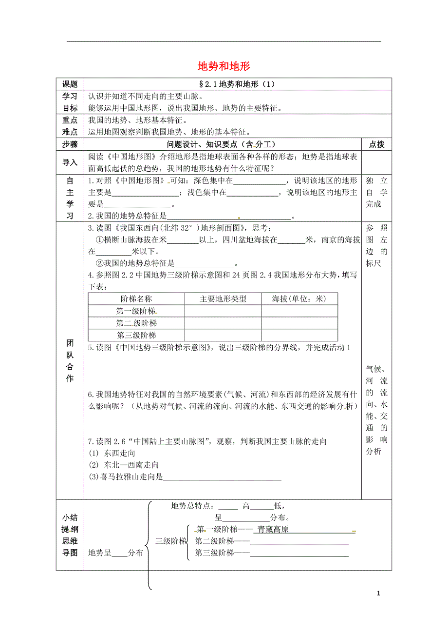 八年级地理2_1 地势和地形学案1新人教版_第1页